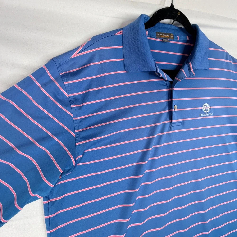 Peter Millar Summer Comfort Polo Shirt Mens Large Blue Pink Striped Ironwood